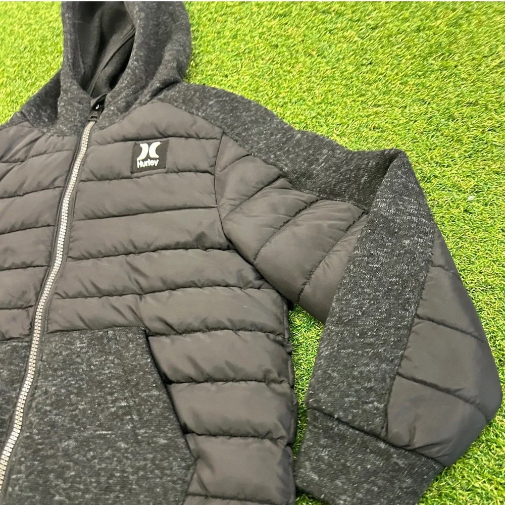 Hurley Boys Hybrid Puffer Jacket Full Zip Hoodie Black Charcoal Size S 7/8